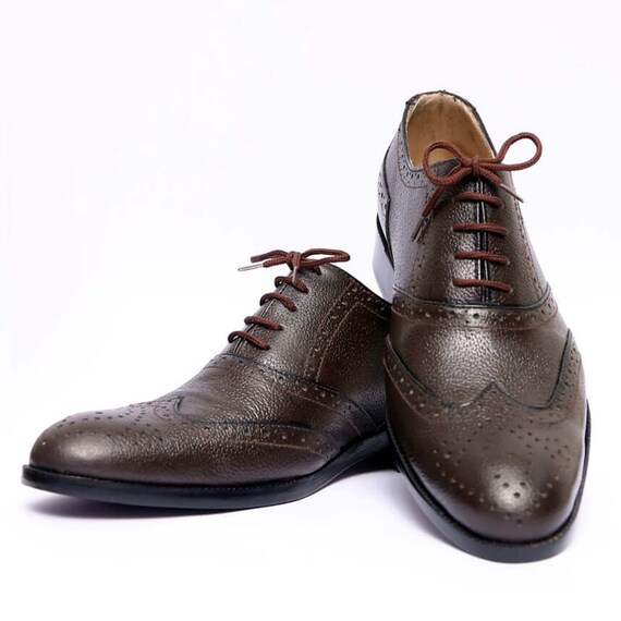 Handmade Brown Color Genuine Grained Leather Classic Wing Tip Brogues Good Year Welted Oxfords Lace Up Shoes
