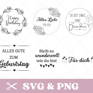 Può includere: Design digitali in bianco e nero con motivi floreali e a cuore. Il testo include "Happy Birthday", "Alles Liebe für Dich", e "Du bist etwas ganz Besonderes". Include anche "Alles Gute zum Geburtstag", "Bleib so wundervoll".