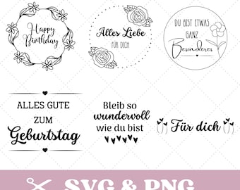 May include: Black and white digital designs with floral and heart motifs. Text includes "Happy Birthday", "Alles Liebe für Dich", and "Du bist etwas ganz Besonderes". Also includes "Alles Gute zum Geburtstag", "Bleib so wundervoll wie du bist", and "Für dich".
