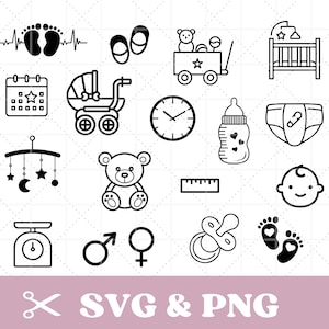 Puede incluir: Ilustraciones en blanco y negro de artículos para bebés, que incluyen una cuna, un biberon, un osito de peluche, un móvil para bebés, una báscula para bebés, un cochecito, un monitor para bebés, un chupete, una regla, un pañal, un calendario, un reloj y un par de pies de bebé.