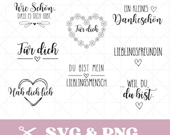 Op de afbeelding: Een set van 8 zwart-witte printbare SVG- en PNG-bestanden met verschillende romantische zinnen in het Duits. De zinnen omvatten "Wie Schön, dass es dich gibt", "Für dich", "Du bist mein Lieblingsmensch", "Ein kleines Dankeschön", "Lieblingsfreundin", "Weil du, du bist" en "Hab dich lieb".