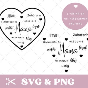 Puede incluir: Un diseño en forma de corazón en blanco y negro con la palabra "Mama" en el centro y una lista de adjetivos positivos que la rodean. El texto incluye "cariñosa, incondicional, perfecta, oyente, paciente, leal, cariñosa, inteligente y divertida". El diseño está disponible en dos versiones: con y sin marco de corazón.