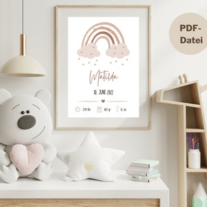 Geburtsposter, Geburtstafel BOHO Design, Regenbogen, für Junge und Mädchen, Geschenk zu Geburt, beige ,zum Ausdrucken, Digitaler Download
