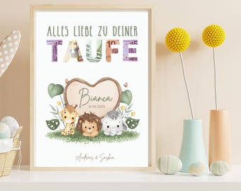 May include: A framed print with the text "ALLES LIEBE ZU DEINER TAUFE" in green and purple letters. Below, a heart-shaped design with the name "Bianca" and the date "01.06.2025" is surrounded by cartoon animals and foliage. The print is in a light wood frame.