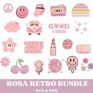 Pacchetto Groovy retrò, hippie, in formato SVG e PNG, rosa, clipart, anni '90, anni '80, download digitale