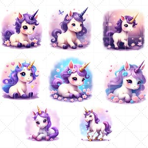 Lila Einhorn Clipart, Fantasy Einhorn, süße Einhorn, druckbare Aquarell, hochwertige PNG's, Journal, Scrapbook, 8 PNG, kommerzieller Nutzung
