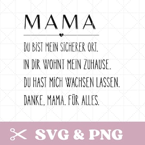 Op de afbeelding: Een wit grafisch ontwerp met het woord "MAMA" bovenaan, gevolgd door Duitse tekst. Onder de tekst staat een roze banner met de woorden "SVG & PNG". Het ontwerp staat op een witte achtergrond met een ruitpatroon.