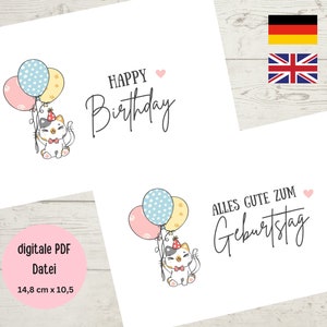 Cartão de aniversário para imprimir em alemão Cartão de feliz aniversário, feliz aniversário, com gato