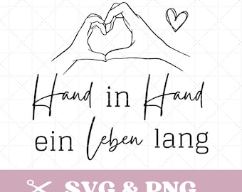 May include: Black and white line art illustration of two hands forming a heart shape. The text "Hand in Hand ein Leben lang" is below the hands.