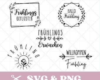 May include: Five black and white spring-themed SVG designs. The designs feature the text "Frühlingsgeflüster", "Hallo Frühling", "Frühlings Erwachen", "Frühling", and "Willkommen Frühling".