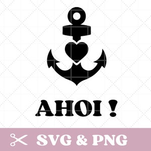 May include: Black anchor design with a heart in the center, the word "AHOI!" below, and "SVG & PNG" text at the bottom. The background is white with a subtle diamond pattern.