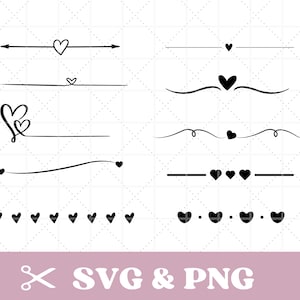 Pacchetto divisore cuore file plotter SVG e PNG divisori testo cuore, elementi ornamentali cuore, cuore disegnato a mano