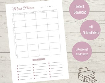 Planer menu, planowanie posiłków, język niemiecki, z listą zakupów, plik PDF do druku, A4, pobieranie cyfrowe
