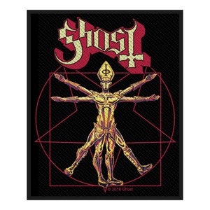 May include: A black patch with a gold and red image of a figure in a circle with a star inside. The figure has four arms and is wearing a hat with a cross on top. The text "Ghost" is above the figure in a yellow font.