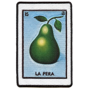 May include: A vintage-style card with a green pear on a light blue background. The card is framed in black and white with the number 15 and the text "LA PERA" at the bottom.
