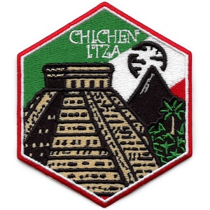 May include: A green, white, and red embroidered patch with a depiction of the Chichen Itza pyramid in Mexico. The patch has a red border and the text "Chichen Itza" in white.