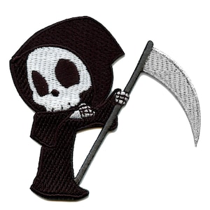 May include: Embroidered patch of a cartoon Grim Reaper. The reaper is in a black hooded robe with a white skull face, holding a silver scythe. The patch is designed for application on clothing or accessories, suitable for a gothic theme.