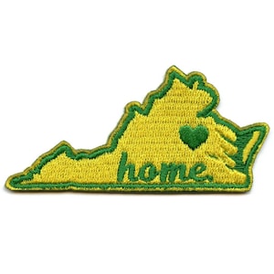 May include: Green and yellow embroidered patch shaped like the state of Virginia with the word "home" and a heart in the center.