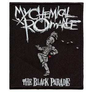 May include: Black and white embroidered patch with the band name "My Chemical Romance" and the album title "The Black Parade". The patch features a marching band figure in a skeleton costume.
