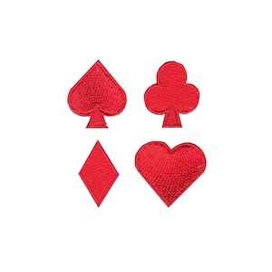 May include: Four red felt embroidered playing card suit symbols: spades, clubs, diamonds, and hearts.