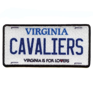 May include: White and blue embroidered patch with the text "VIRGINIA CAVALIERS" and the words "VIRGINIA IS FOR LOVERS" with a red heart.