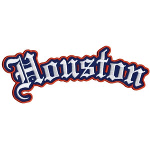 May include: Embroidered patch with the city name "Houston" in white gothic lettering. The text is outlined in blue and bordered by a red trim. This patch is designed to be sewn or ironed onto fabric.