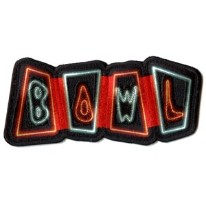 May include: A black and red embroidered patch with the word "BOWL" in neon-style lettering.