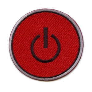 May include: A red and gray embroidered patch with a black power button symbol.