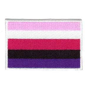 May include: A pink, white, red, black, and purple striped flag patch with white stitching around the edges.