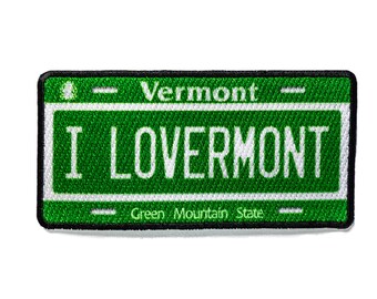 I Love Vermont License Plate Patch Embroidered Iron On Green Mountain State