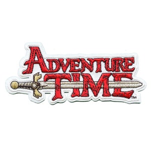 May include: Red and white embroidered patch featuring the words "Adventure Time" and a sword with a gold handle.