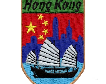 Insignia de escudo de viaje con parche de China de Hong Kong, bordado con plancha en ae4