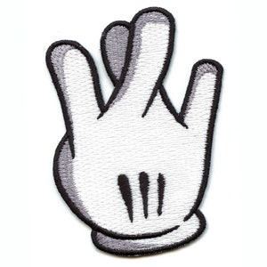 May include: A white cartoon hand with three fingers raised, outlined in black. The hand is in a peace sign gesture.