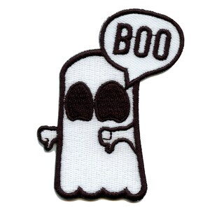 May include: A white ghost with black eyes and a mouth saying "BOO" in a speech bubble. The ghost is outlined in black and has a white background.