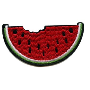 May include: A red watermelon slice with a bite taken out of it. The watermelon is embroidered with black seeds and has a green and white rind.