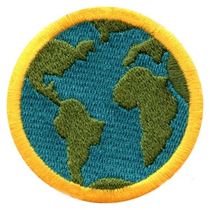 May include: Embroidered patch featuring a detailed map of the Earth. The continents are rendered in green against a blue ocean background. The patch has a yellow border, creating a vibrant and colorful design. Ideal for jackets, bags, or other fabric items.