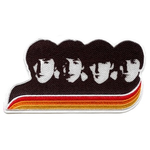 May include: An embroidered patch featuring a black silhouette of the Beatles with a red, orange and yellow striped design. The patch is perfect for adding a retro touch to jackets, bags or other items.