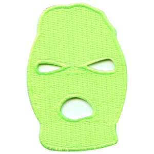 May include: A lime green ski mask with eye and mouth holes. The mask is made of a soft, textured fabric.