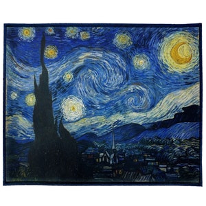 May include: A painting of a starry night sky with a swirling blue and yellow sky. The painting features a small town with a church steeple in the foreground. The painting is done in a style that is characteristic of Vincent van Gogh.