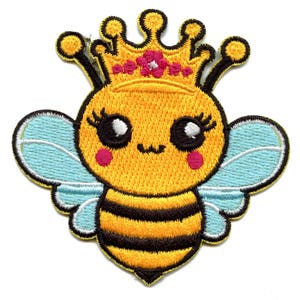 May include: Embroidered patch featuring a cartoon bee wearing a gold crown with pink accents. The bee has large eyes, rosy cheeks, and blue wings. The bee's body is yellow with black stripes. This patch is suitable for clothing or accessories.