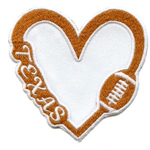 May include: A white heart-shaped patch with a gold outline. The word "Texas" is embroidered in gold on the left side of the heart and a gold football is on the right side.