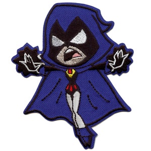 May include: An embroidered patch featuring a cartoon depiction of Raven from Teen Titans. She is wearing a purple cape and has a black and white face with a red and yellow symbol on her chest.