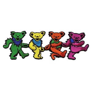 May include: Four colorful dancing bears with a tie-dye design. The bears are green, yellow, orange, and pink.