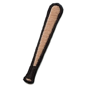 Könnte beinhalten: Ein brauner Baseballschläger mit schwarzem Umriss. Der Schläger ist gestickt und hat ein genähtes Design.