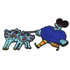 May include: An embroidered patch featuring a blue character with a black hat and sunglasses walking with a leash attached to three blue dogs with sunglasses. The character is wearing a blue coat and orange and yellow striped trousers.