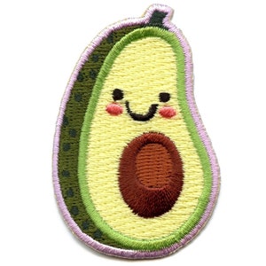 May include: Embroidered iron-on patch of a smiling avocado with a green pit. The avocado is yellow and has a pink blush on its cheeks. The patch has a light purple outline.