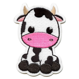 May include: Embroidered patch featuring a cartoon cow with a white body, black spots, and a pink snout. The cow has large, black eyes and small, tan horns. The patch is outlined in white.