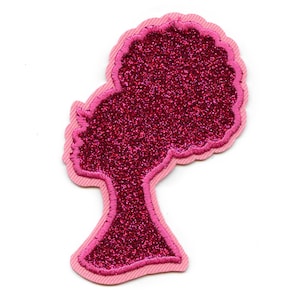 Op de afbeelding: Roze glitter strijk-op patch van een vrouwensilhouet met een afrokapsel.
