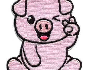 Winking Peace Pig  Patch Cute Cartoon Mammal Embroidered Iron On AD1