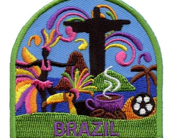 May include: Embroidered patch with a colorful design depicting a toucan, a woman in a pink skirt and colorful feathers, a steaming cup of coffee, and the Christ the Redeemer statue in Rio de Janeiro. The patch has a green border and the word "BRAZIL" in purple letters.